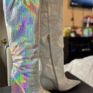Iridescent Croc-Embossed Knee-High Boots